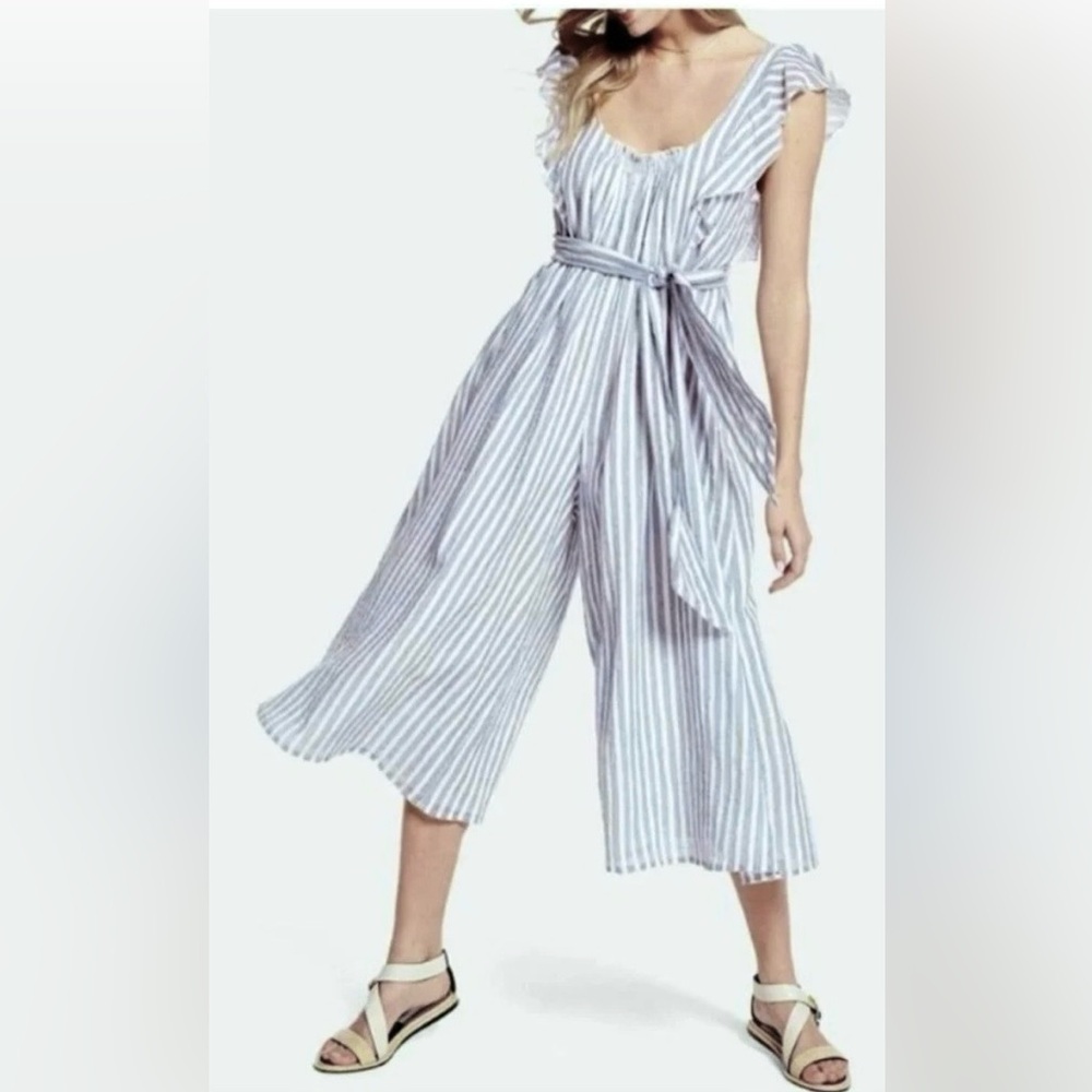 Apiece Apart Highland Crop Wide Leg Jumpsuit Oversized Cotton White Blue Size XS